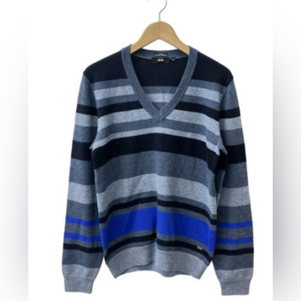 Boss Men's V-Neck Sweater Slim fit Blue Stripes size L
